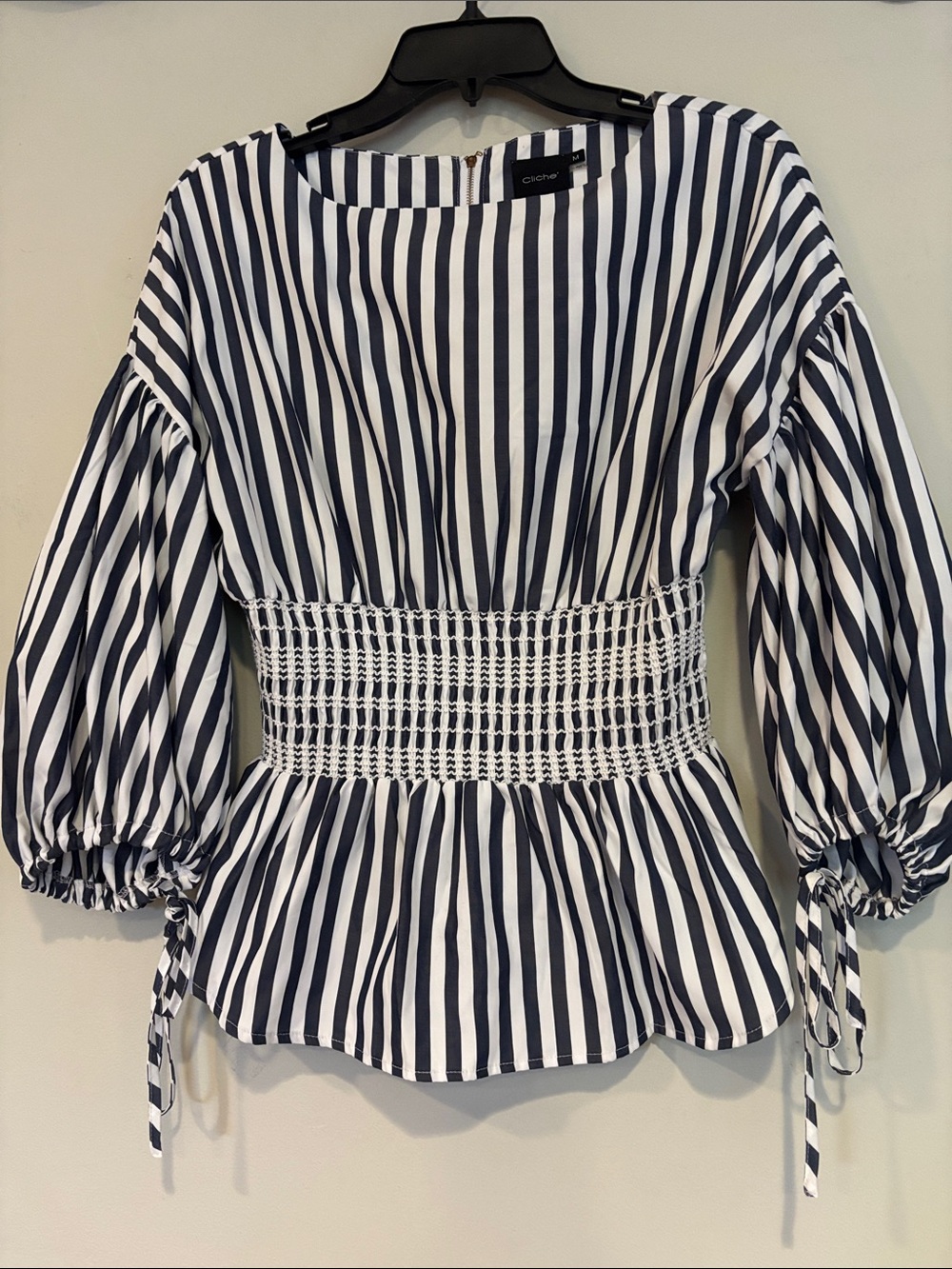 Striped Smocked Waist Peplum Blouse in Black  & White